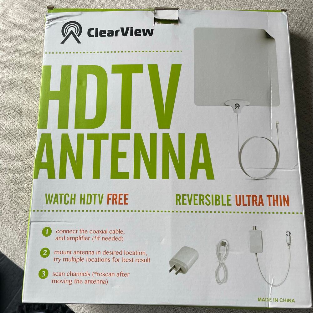 HDTV Antenna 50 Mile Range NEW Clear View Ultra Thin‎ Reversible NEW in box
